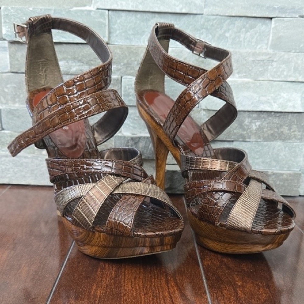 Promise Brown Croc-Embossed Strappy Heels